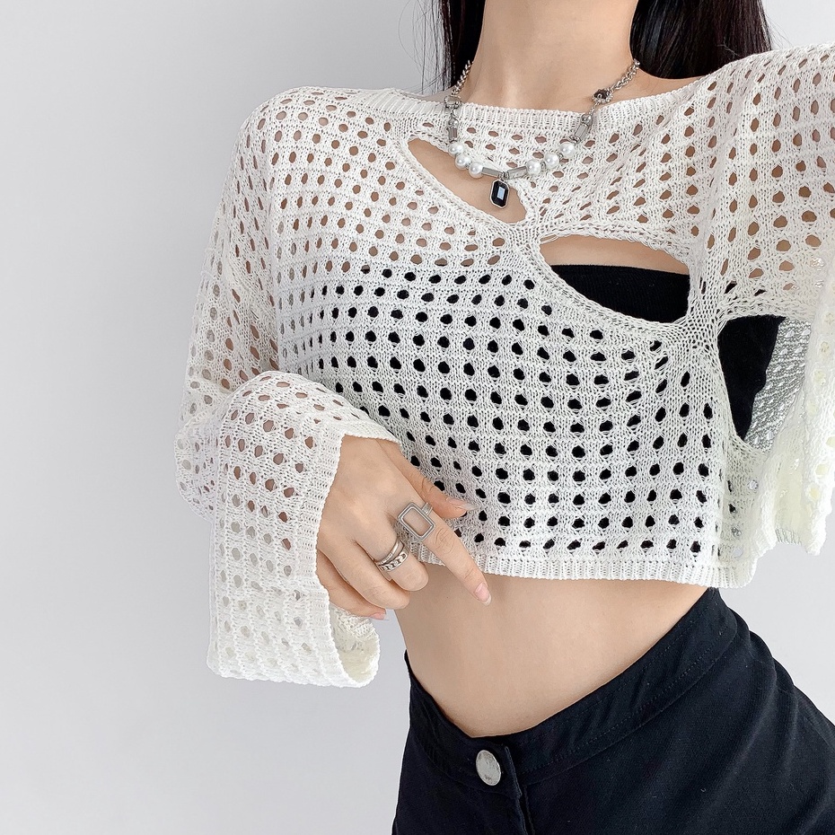 Áo Croptop Trễ Vai Tay Dài Dáng Rộng Thiết Kế Sang Trọng