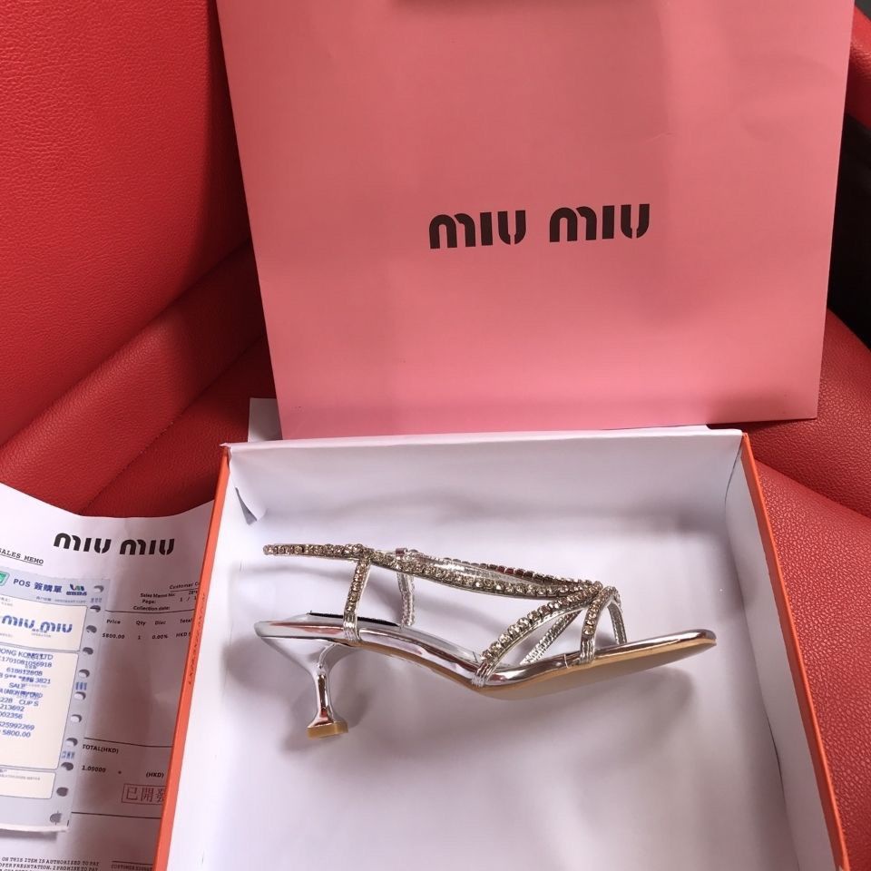 MIU MIU Giày Cao Gót Mũi Nhọn Đính Đá Thời Trang Mùa Hè Dành Cho Nữ
