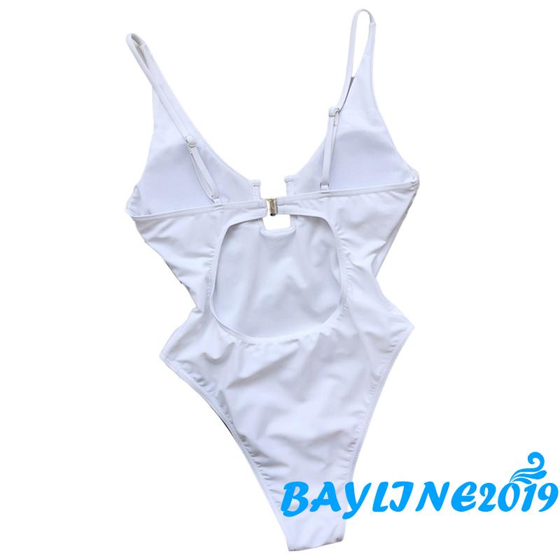 BAY-Sexy Women Monokini Swimwear, Low Cut Sleeveless Tri-Angle Crotch Back Cut Out Solid Color Ribbed Swimsuit