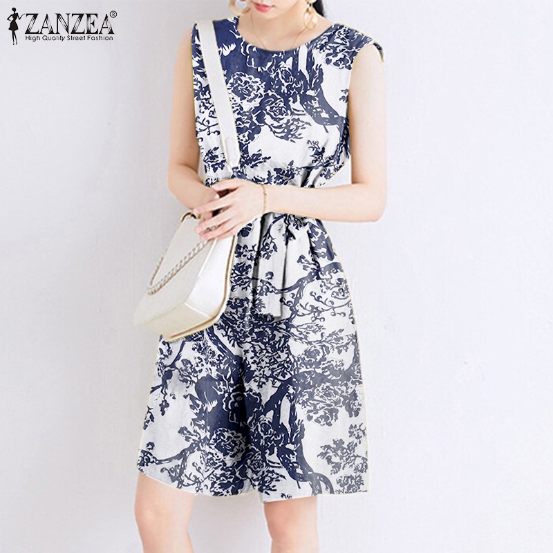 Áo liền quần ZANZEA sát nách dáng rộng có túi in họa tiết phong cách vintage thời trang dành cho nữ