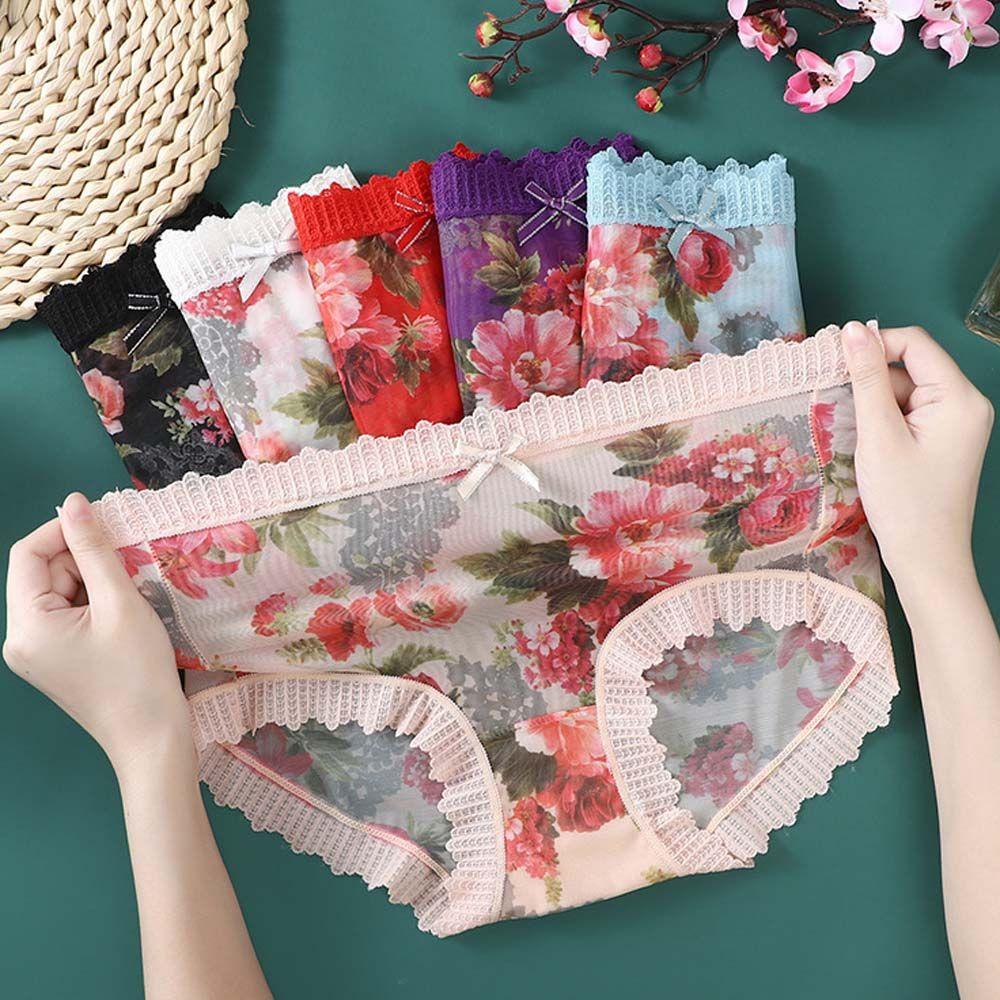 Quần Lót Cotton Lụa Phối Lưới Thoáng Khí Lưng Vừa Họa Tiết Hoa Phong Cách Hàn Quốc Cho Nữ