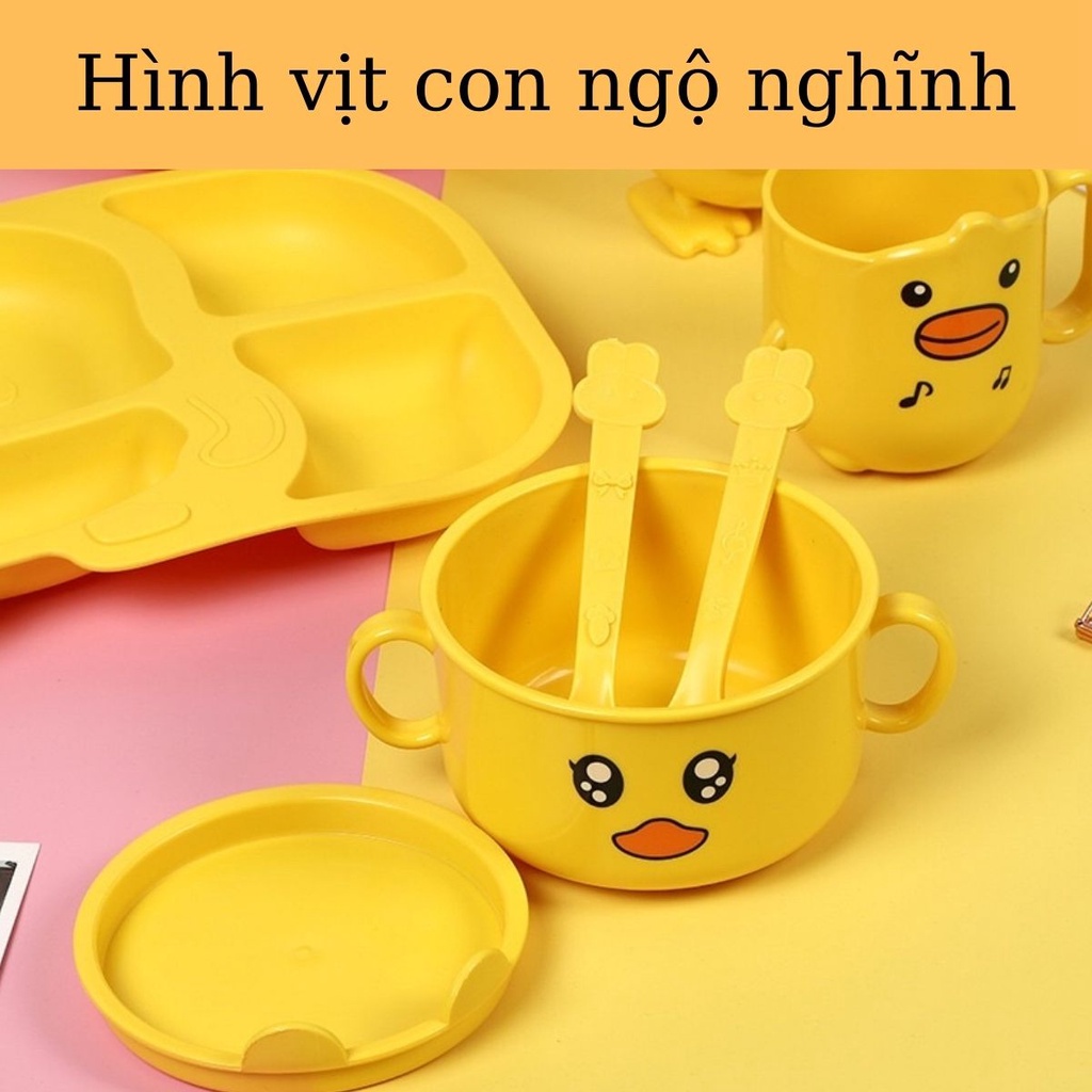 Bộ Khay Bát ăn dặm cho bé gồm 5 món Khay chia ngăn,bát,cốc,thìa,dĩa hình vịt con ngộ nghĩnh