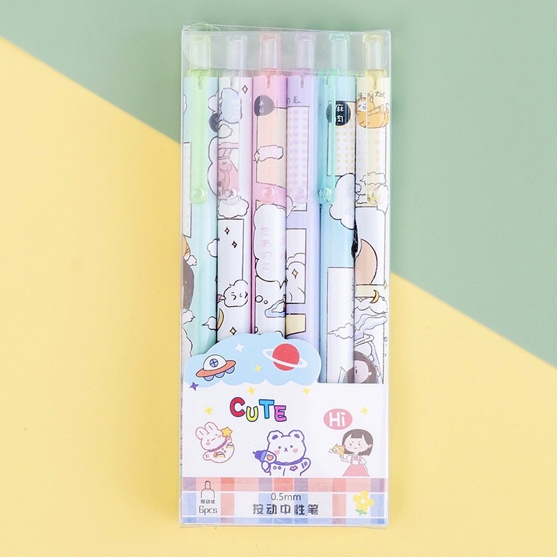 Set 6 Bút Bi Mực Đen Ngòi 0.5Mm hoạ tiết hoạt hình dễ thươngng ơi