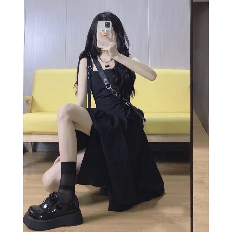 Happy-store ❤️ Váy nữ 02 dây đen ô zuê lệch tà dáng xòe đũi mềm sexy cá tính đi chơi đi dạo phố đi tiệc Thời Trang Phong