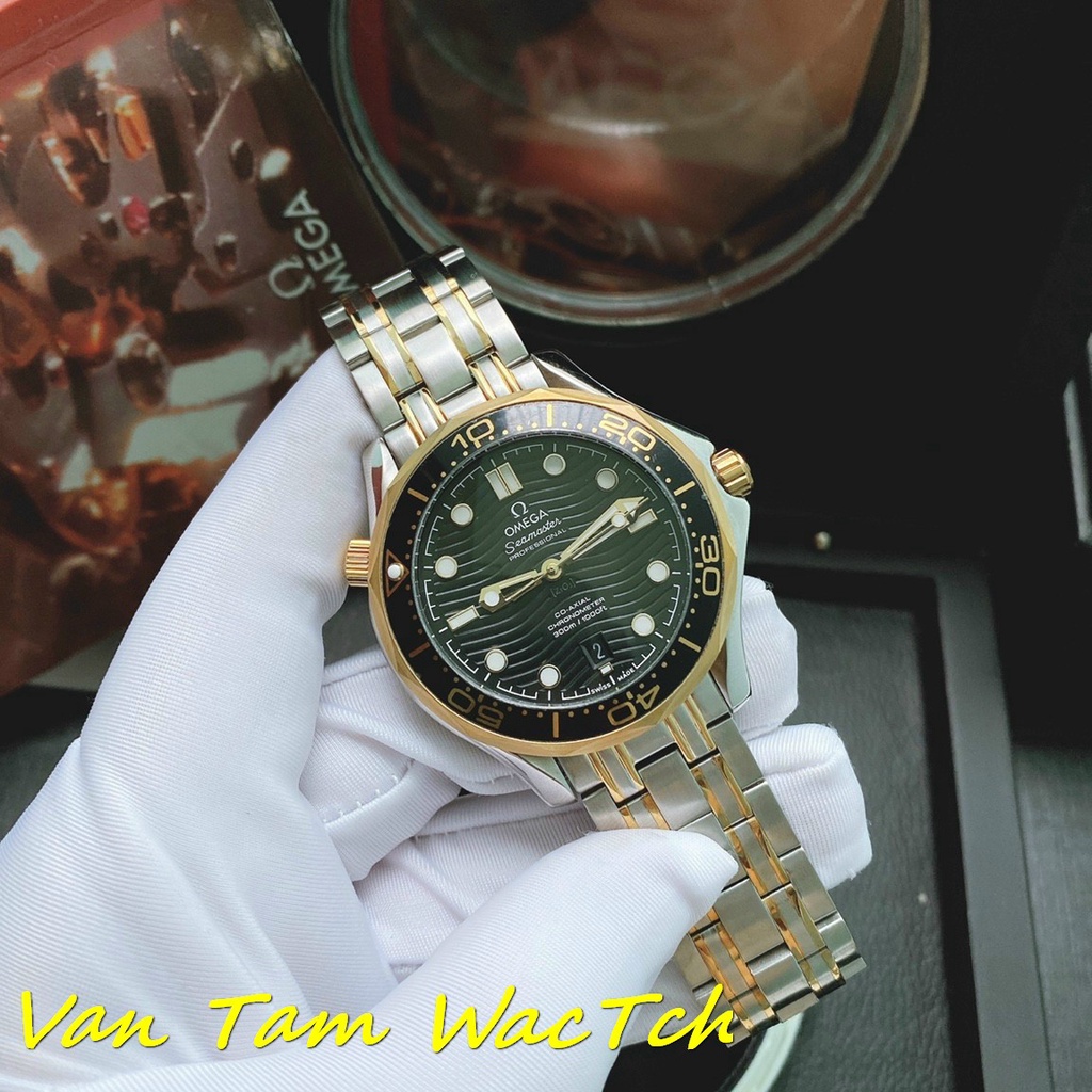 Đồng hồ nam Omega Seamaster Diver 42mm máy Nhật automatic, mẫu mặt tròn màu đen viền vàng