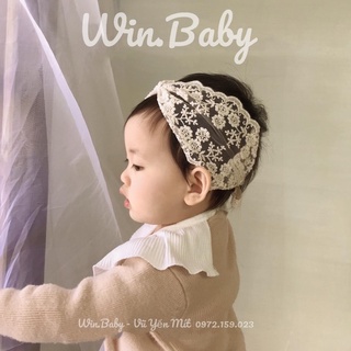 Turban ren hoa bản to màu beige hàn quốc cho bé