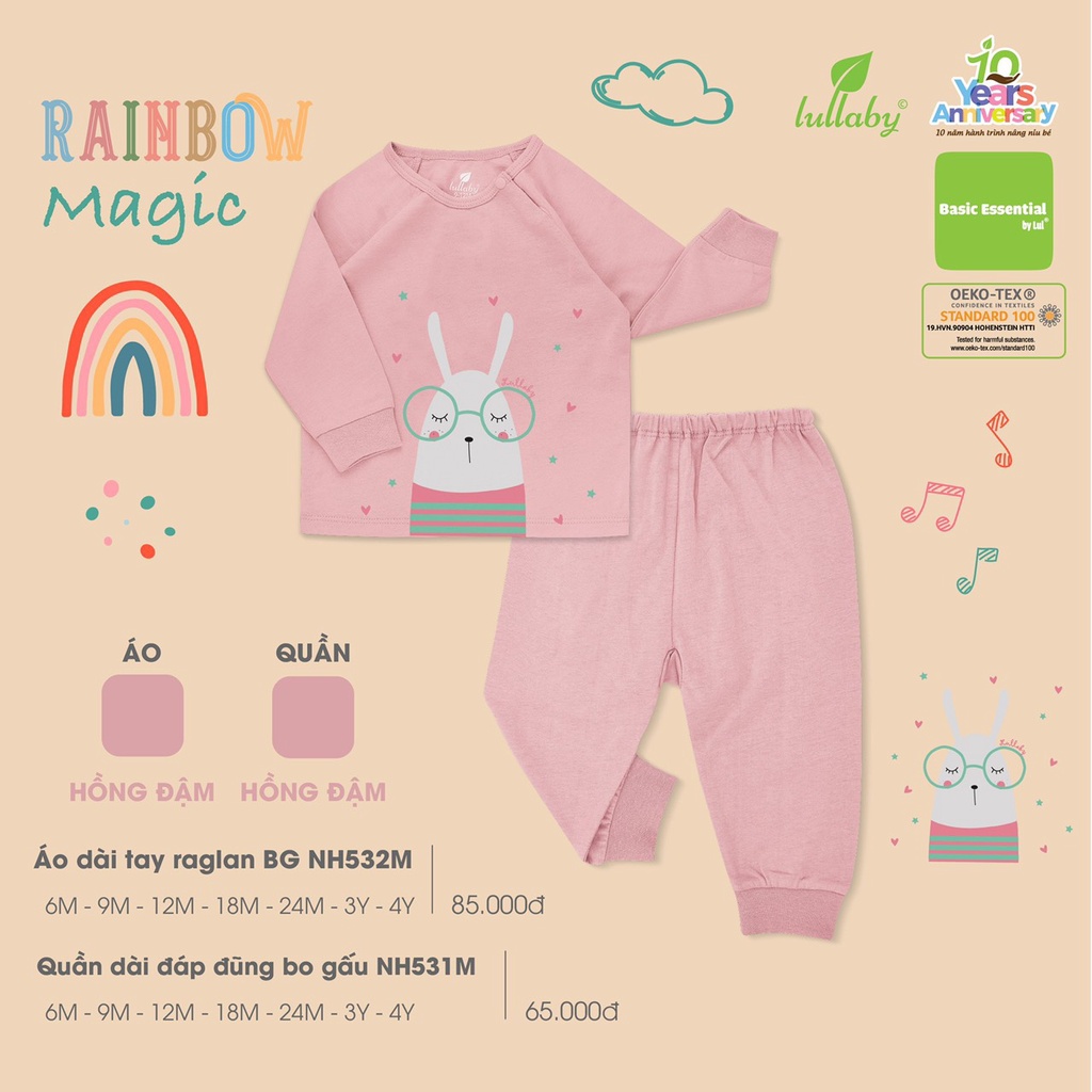 Bộ dài tay cotton mỏng Lullaby cho bé gái in họa tiết NH532M (mới)