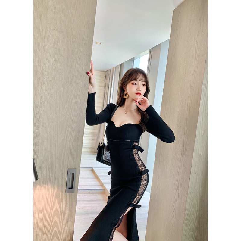 ZYHT Đầm Dệt Kim Màu Đen Dáng Dài Gợi Cảm Thời Trang Hàn Quốc Cho Nữ 4632