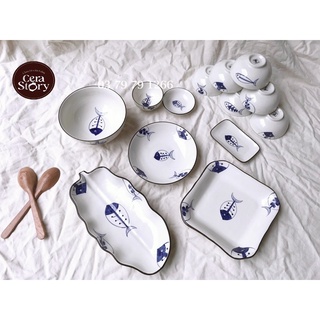 Bát đĩa sứ trắng cao cấp hoạ tiết cá xanh
