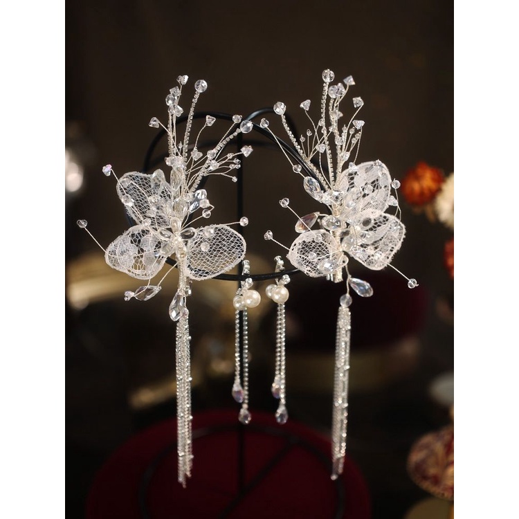 [Aishang Xinh Đẹp] Kẹp Tóc Phối Ren Tua Rua Màu Trắng Phong Cách Hàn Quốc Cho Cô Dâu