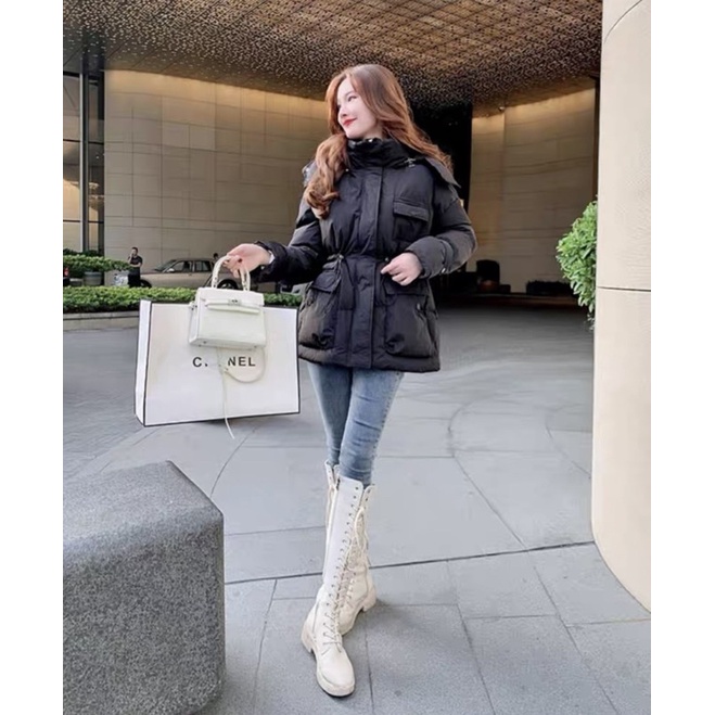 Áo phao dáng dài dây rút eo MIJOO phong cách Hàn Quốc siêu nhẹ siêu ấm