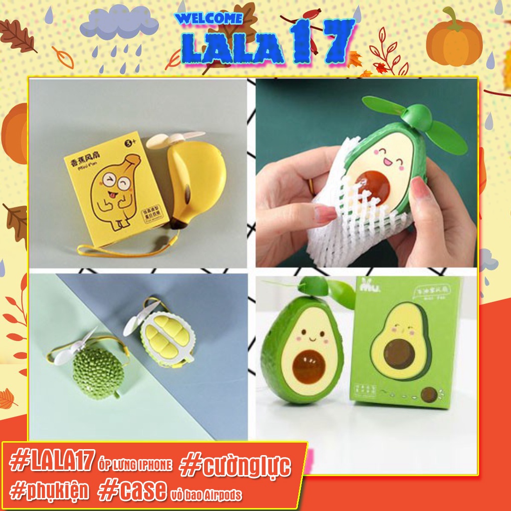 Quạt hình quả bơ cute cầm tay mini sạc điện gió mạnh giá rẻ 20k tốt nhất dễ thương chuối sầu riêng Lala17