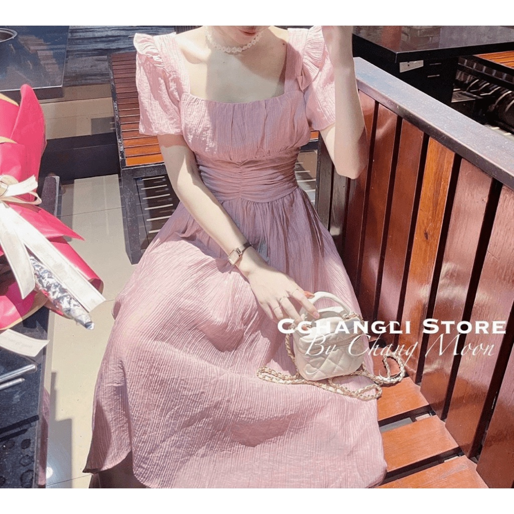 (Free Ship) Váy Tơ Nhăn Tay Bồng Zúm Eo Chất Tơ Xước Nhăn Mềm Được Chị Em Săn Đón UP Valetina Shop