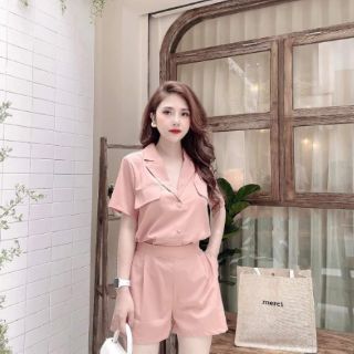 Set nữ áo cài khuy cổ bẻ kèm quần sort (video + ảnh thật)