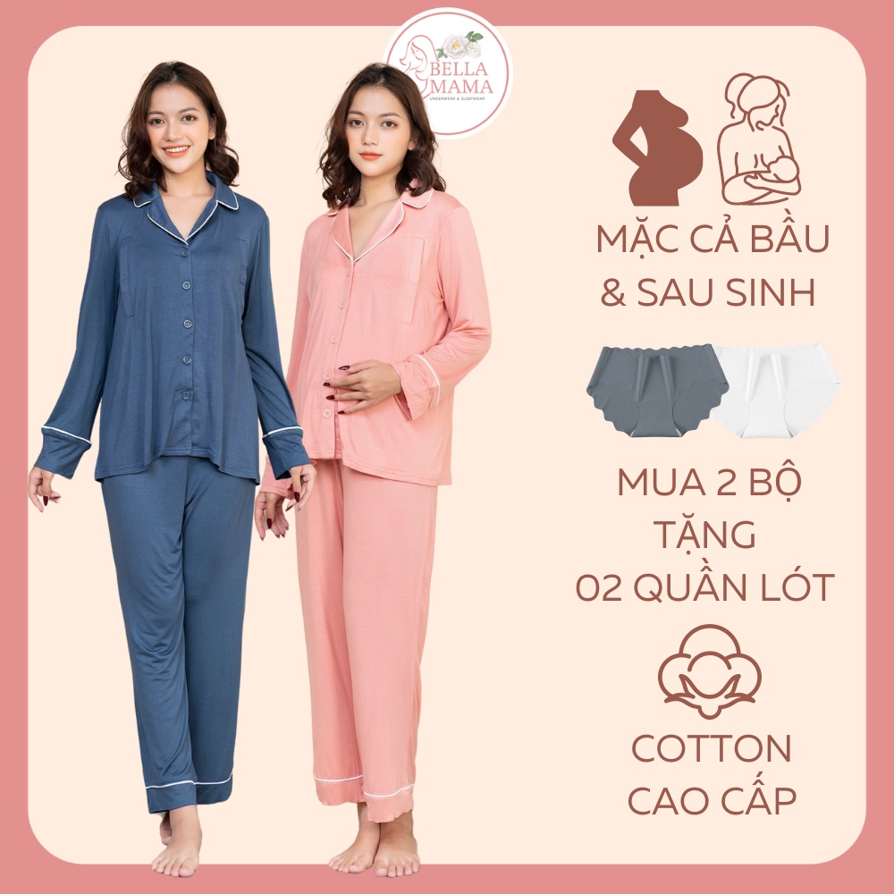 Bộ Bầu Mặc Nhà Và Sau Sinh Cotton Cao Cấp Mềm Nhẹ Mịn Mở Cúc Cho Con Bú Và Quần Chun Chỉnh Bụng Bella Mama Bn04