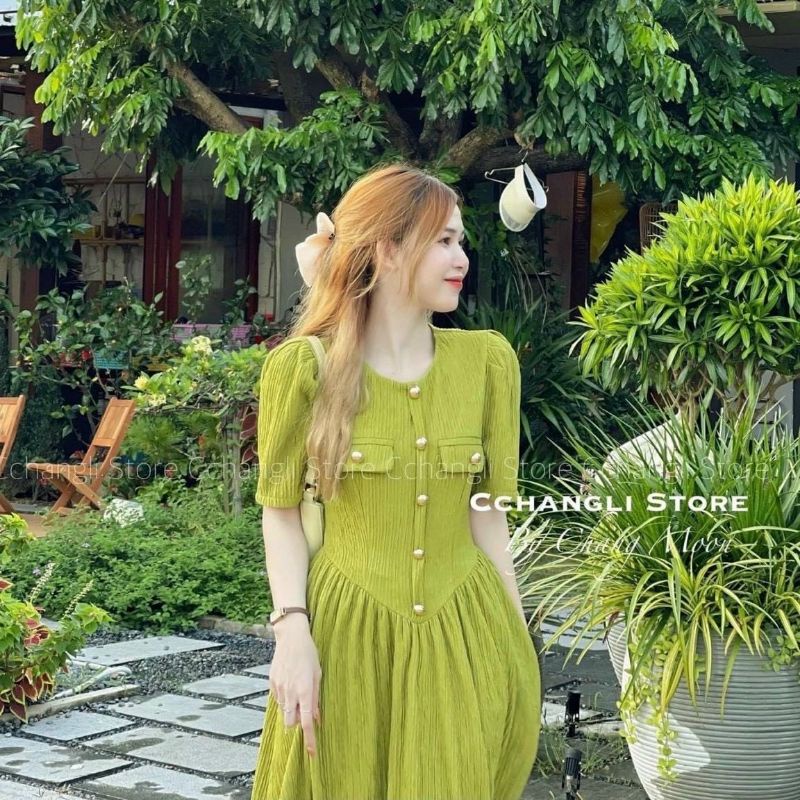 Đầm váy midi dự tiệc dáng dài váy tiểu thư nút bọc tay phồng túi ngực màu xanh cốm