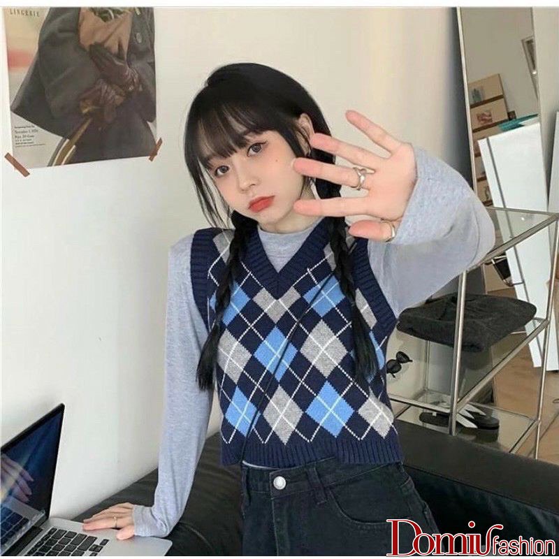 Áo gile nữ dáng croptop kẻ caro phong cách Ulzzang - Domiu Len03