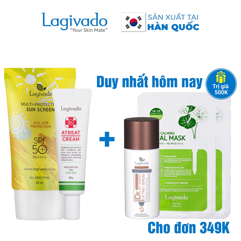 Bộ chăm sóc da mụn Hàn Quốc Lagivado  gồm Kem chống nắng Multi-Protection 30 g và Dr. Atreat Cream 30 ml