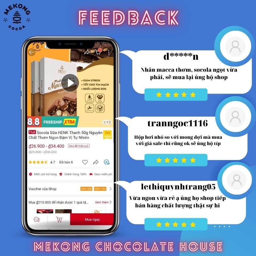 Socola Sữa HENK Chocolate Nhân Macca Thơm Ngon Thanh 50g SCL004