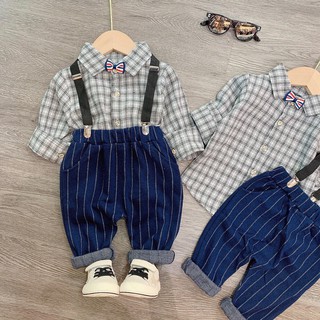 [THANH LÝ] Set Áo Sơ Mi Kẻ Caro Cổ Nơ Phối Quần Âu Cho Bé (Không có dây dai) V181 - NamKidShop