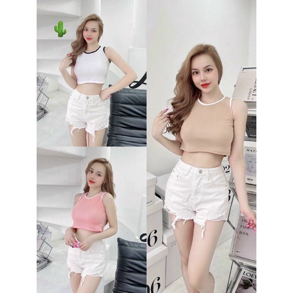 Set quần short jean rách lưng cao hàng vnxk kèm áo croptop thun gân phối viền ôm body tôn dáng