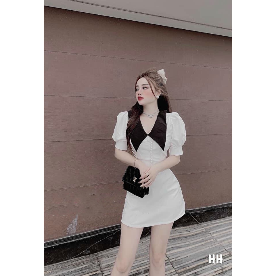 [Mã FATHANG5 giảm 10K đơn 50K] D842 Đầm Chữ A Ngắn Tay Bồng Nhẹ Pha Cổ Vest | BigBuy360 - bigbuy360.vn