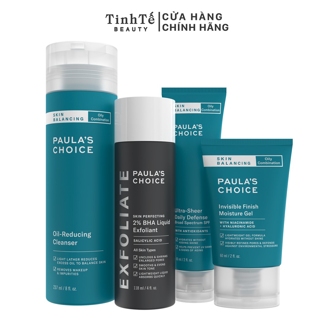 Bộ chăm sóc da Paula's Choice Skin Balancing sữa rửa mặt + BHA 2%+ kem đêm + kem chống nắng