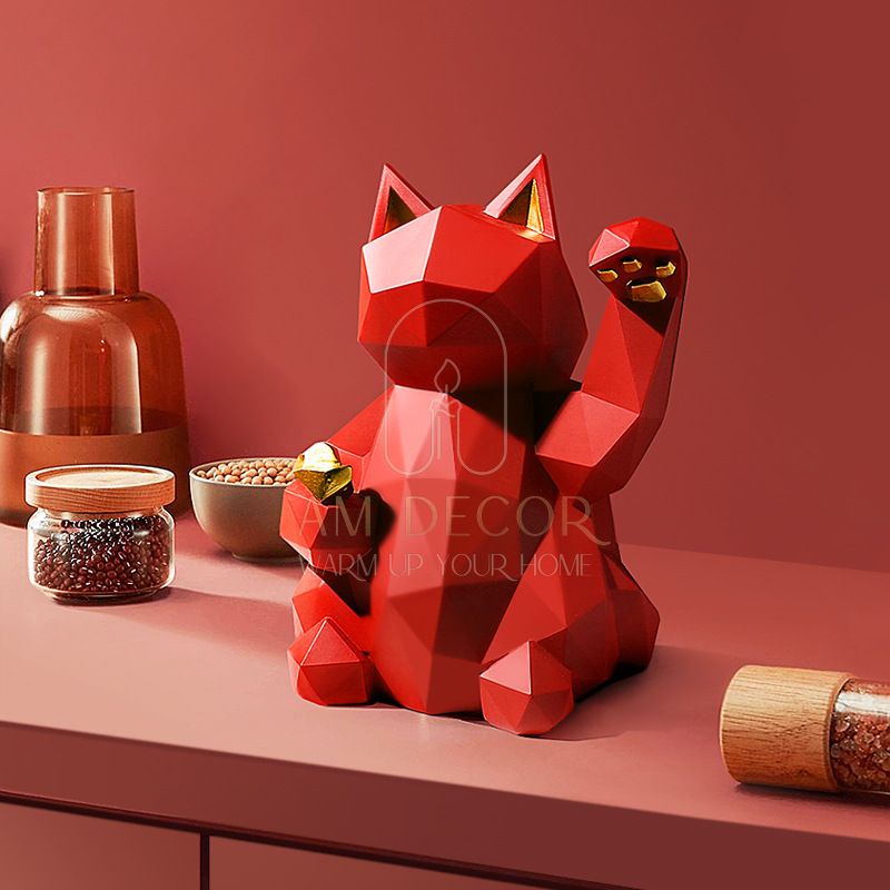 Tượng Mèo Thần Tài may mắn điêu khắc sáng tạo mô hình decor trang trí cửa hàng, phòng khách sang trọng - AM Decor
