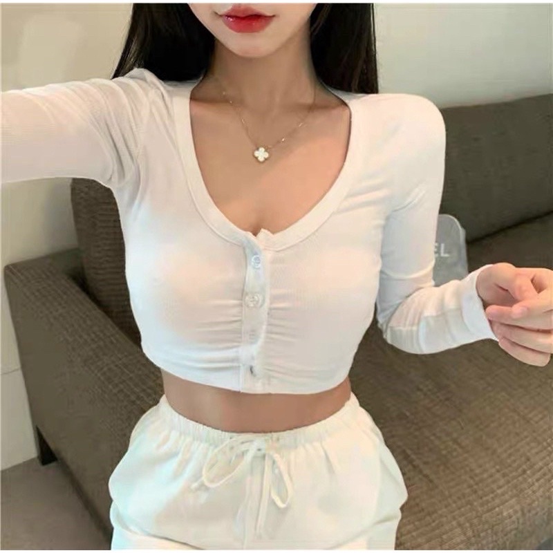 ÁO THUN CROPTOP NHÚN NGỰC NÚT CÀI TAY DÀI
