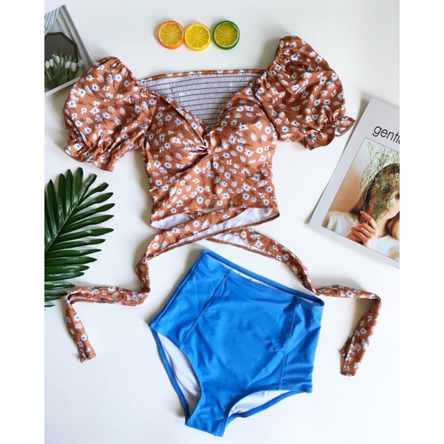(Hàng Nhập) Bikini Retro 2 mảnh, Áo tay bo-quần cạp cao che bụng #WX2336