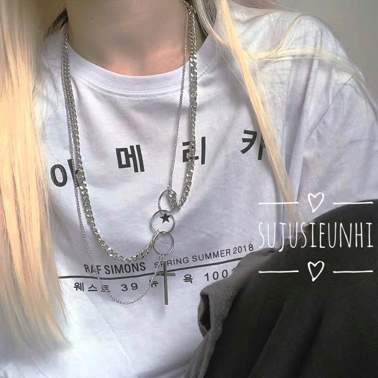 [SẴN]Vòng cổ unisex chữ thập ba vòng dây xích cá tính