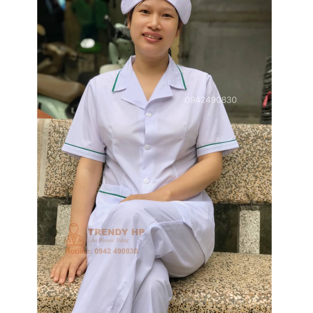 Bộ quần áo blouse trắng dáng ngắn viền Xanh Lá nam nữ cộc tay, dài tay cho dược sỹ, y tá, điều dưỡng, thẩm mỹ viện