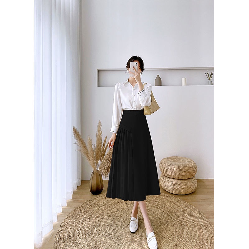 Chân váy dài vừa phải xếp ly dáng chữ A lưng cao thời trang mùa hè 2022 mỏng dành cho nữ