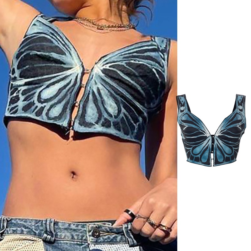 Áo Croptop Sát Nách Cổ Chữ V Khoét Sâu In Họa Tiết Bươm Bướm Phong Cách Harajuku Thời Trang Mùa Hè Quyến Rũ Cho Nữ