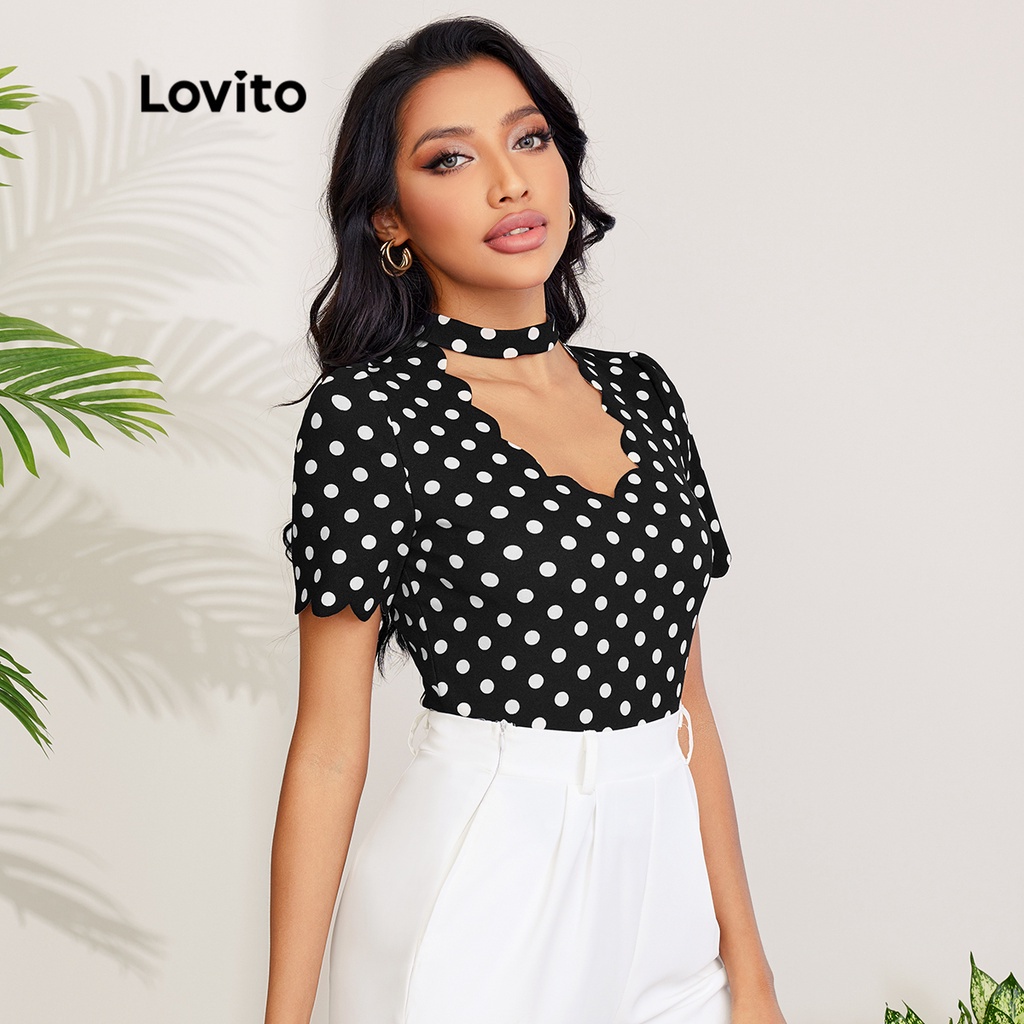 Áo thun Lovito thiết kế ren tương phản họa tiết chấm bi L27LD072 (màu đen)