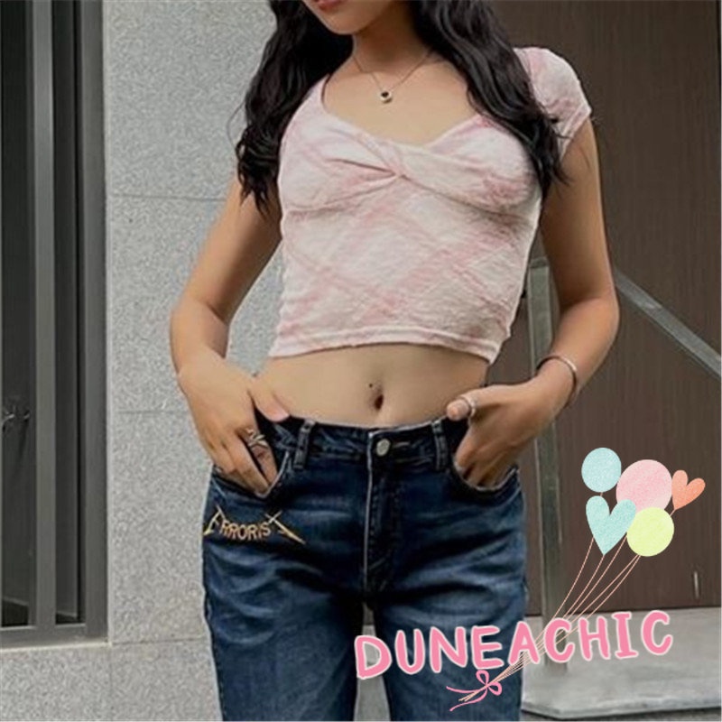 DUNEA Áo Croptop Tay Ngắn Cổ Chữ V Thắt Nút Họa Tiết Sọc Caro Phong Cách Quyến Rũ