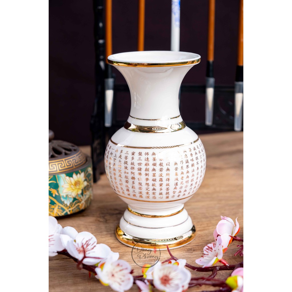 Bình Hoa Sứ Trắng In Tâm Kinh chữ nổi Cao Cấp