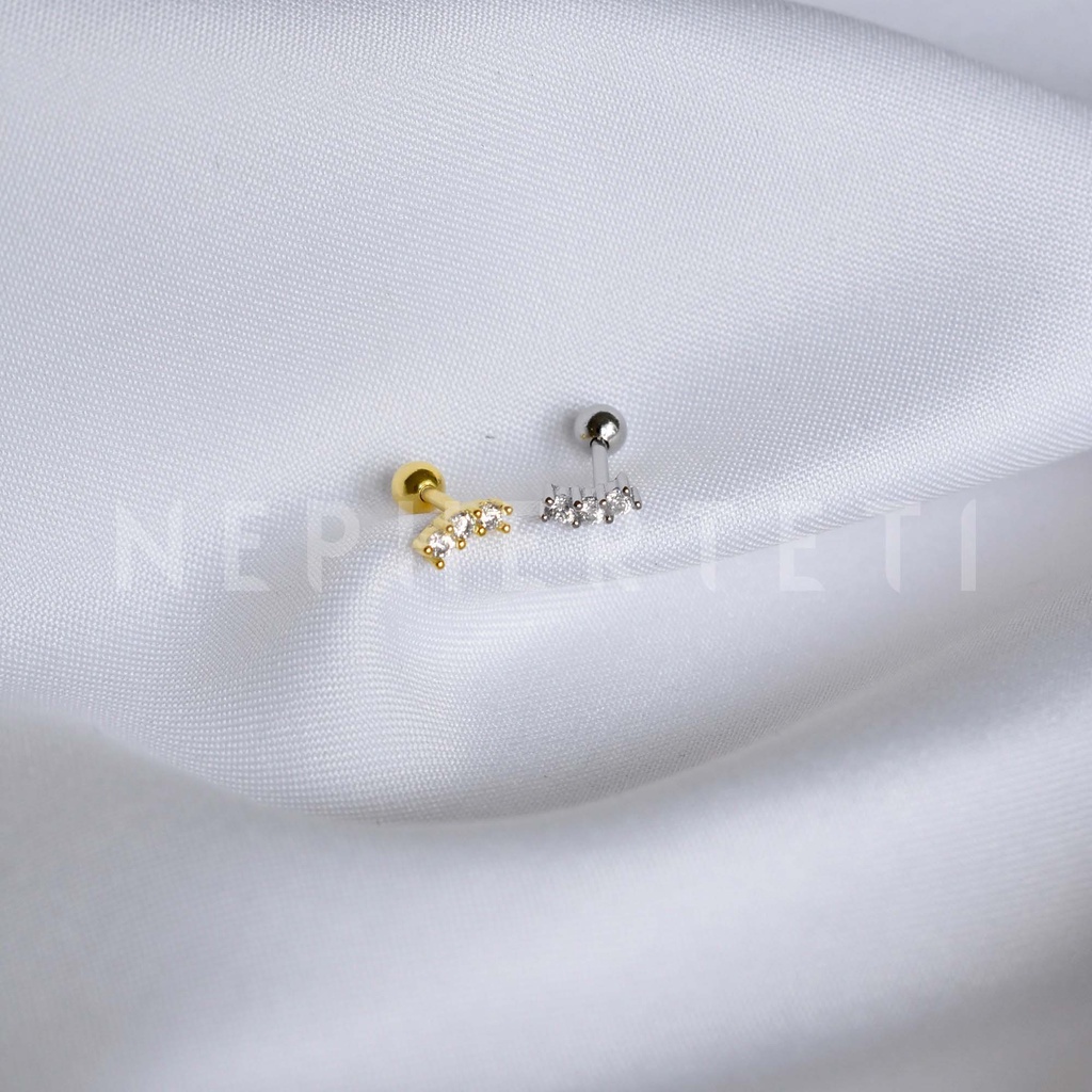 Khuyên tai bạc 925 mini - Dải đá cong ngắn chốt bi vặn  - Nepherteti