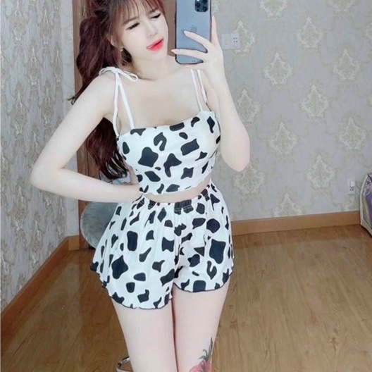 SÉT ÁO 2 DÂY CÓ MÚT + QUẦN SHORT BÒ SỮA NGỰA VẰN
