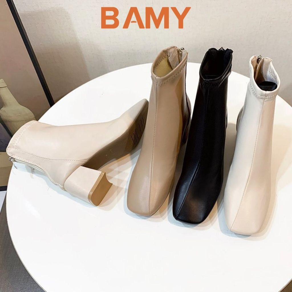 Bốt nữ da mềm Gân Chéo cổ cao khóa sau BAMY, giày boots ulzzang mũi vuông gót trụ 6 phân B01 | BigBuy360 - bigbuy360.vn