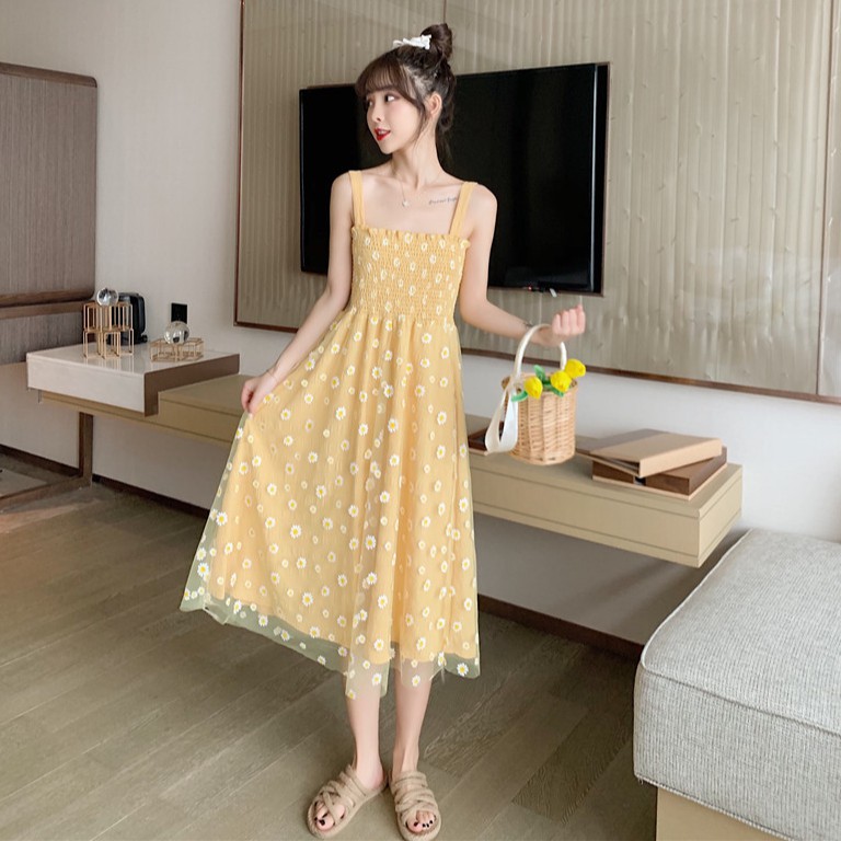 Xiaozhainv Đầm hai dây phối lưới họa tiết hoa xinh xắn thời trang | BigBuy360 - bigbuy360.vn