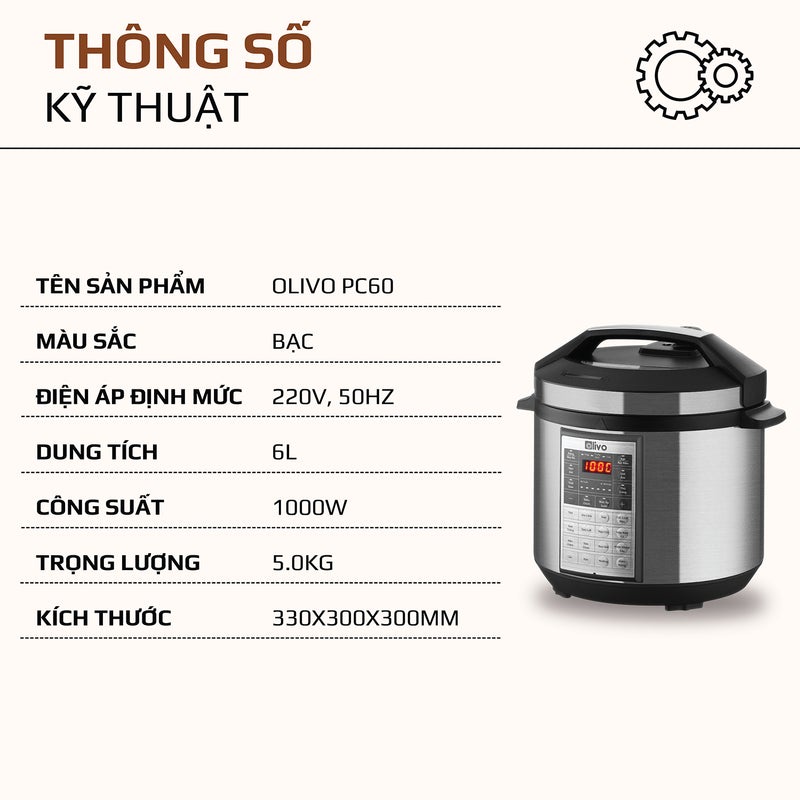 Nồi áp suất điện đa năng Olivo PC60 - 16 chức năng - Dung tích 6L - Công suất 1000W - Thương hiệu Mỹ