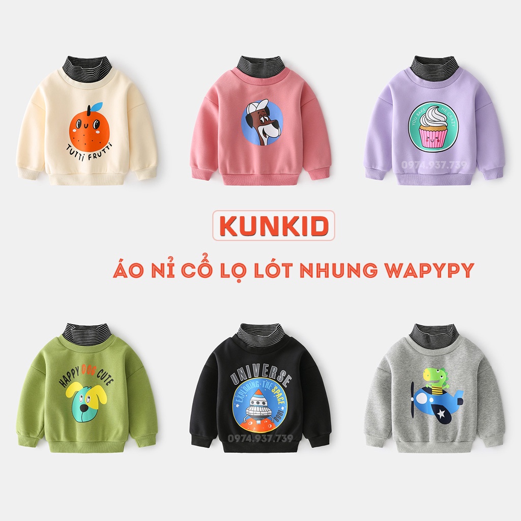 Áo nỉ cổ lọ loại dày lót nhung cho bé hãng WAPYPY shop Sukun Áo nỉ lót lông cho bé trai bé gái Kun kids