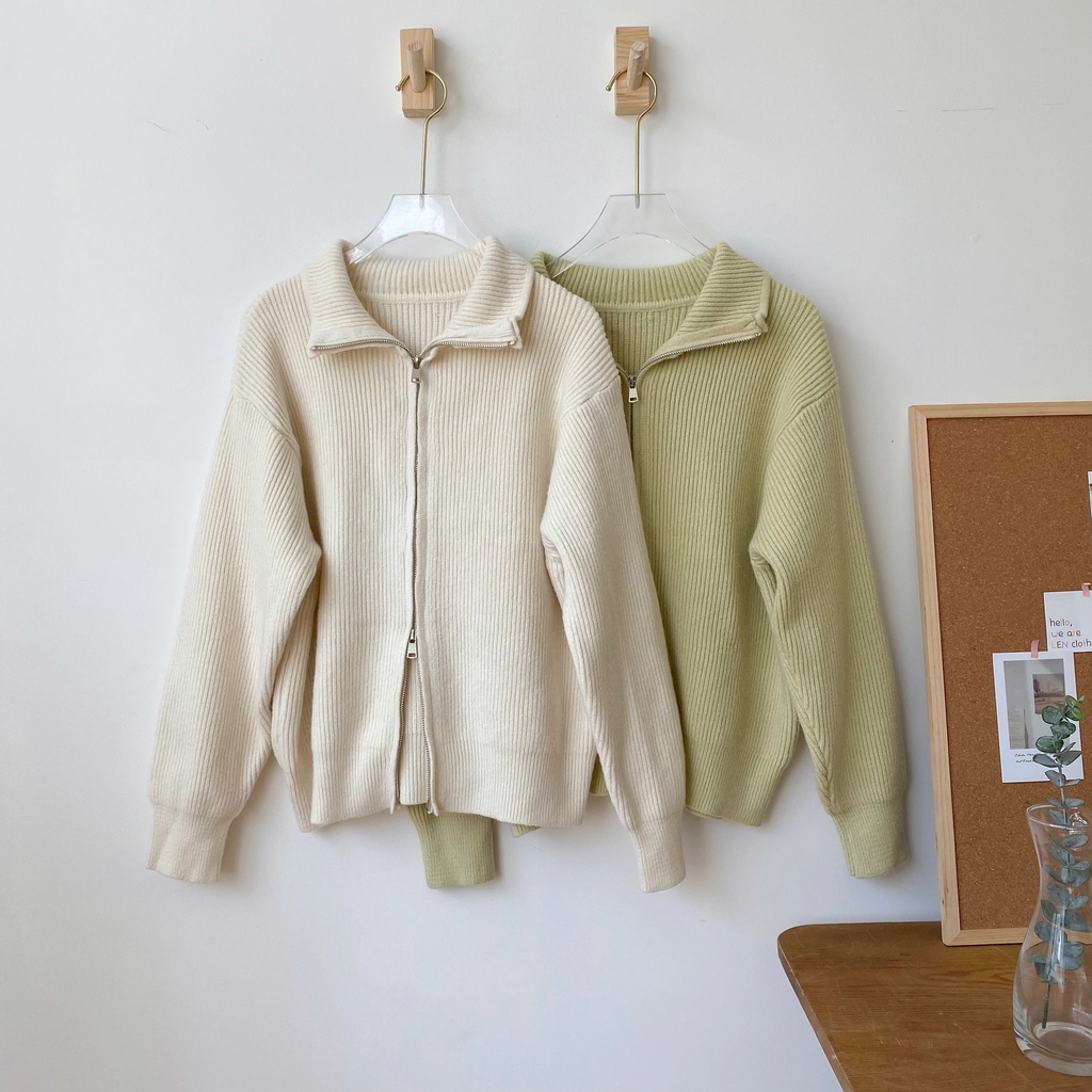 Áo khoác cardigan cổ lật dây kem LENCLOTHING 8337