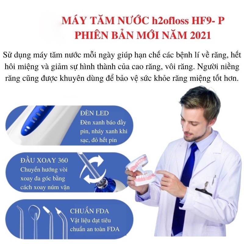 (Auth-sẵn) Máy tăm nước H2ofloss HF-9P, Máy tăm nước cầm tay vệ sinh răng miệng H2ofloss