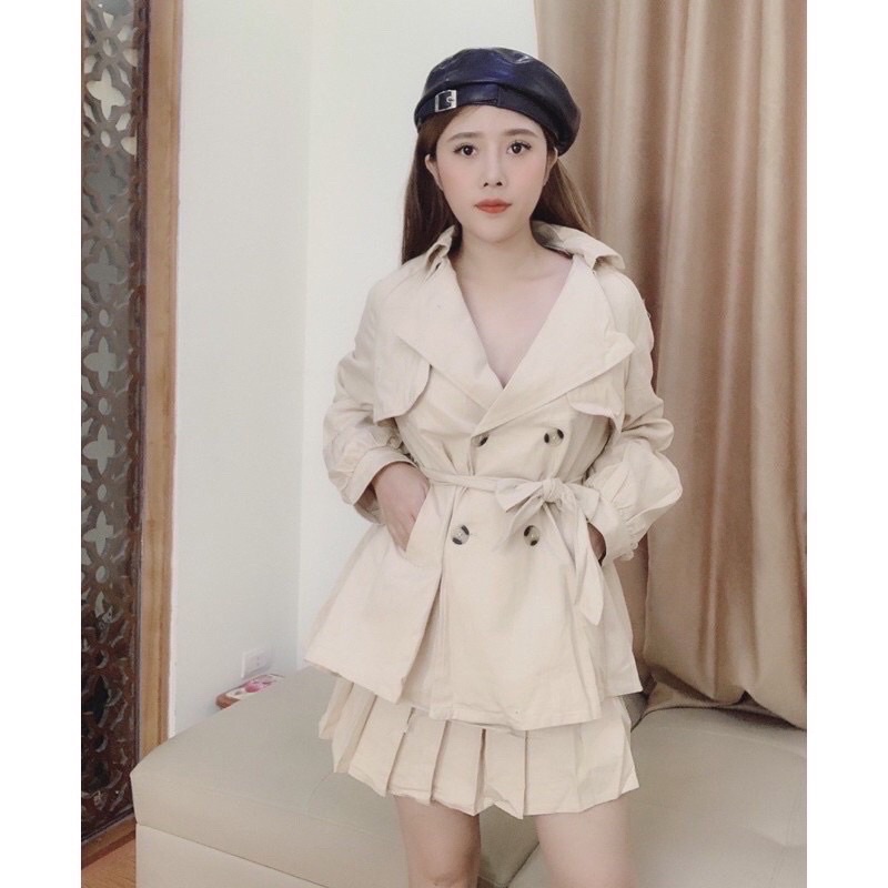 Set áo vest mix chân váy xếp ly vải kaki 2 da đẹp