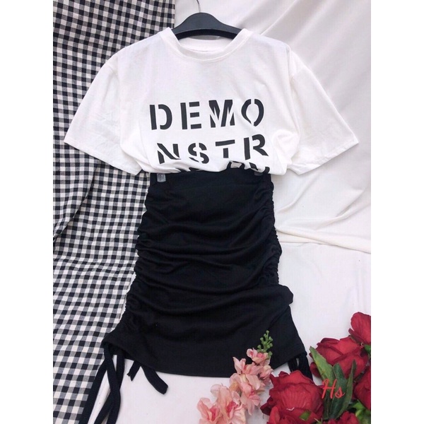 Set áo thun ngắn tay demo + chân váy rúm rút hông
