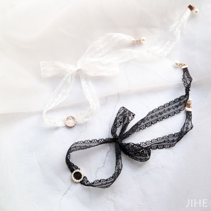Vòng Cổ Choker Dây Dài Thắt Nơ Ren Đính Ngọc Trai Phong Cách Nhật Hàn Thời Trang