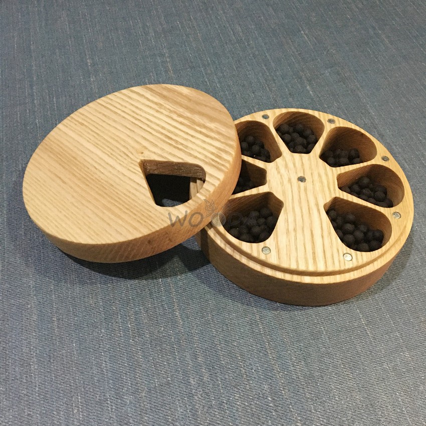 Hộp đựng thuốc tròn 7 ngăn bằng gỗ cao cấp, hộp chia thuốc tiện dụng với nắp đậy có nam châm