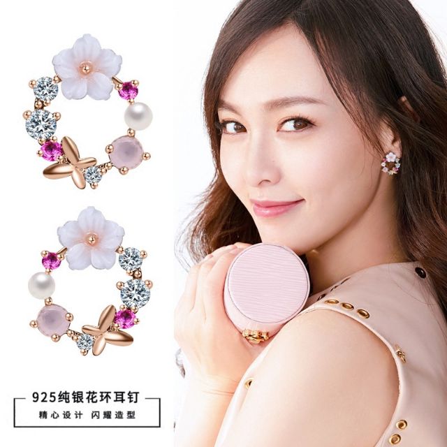 Hoa tai tròn hoa - bạc 925